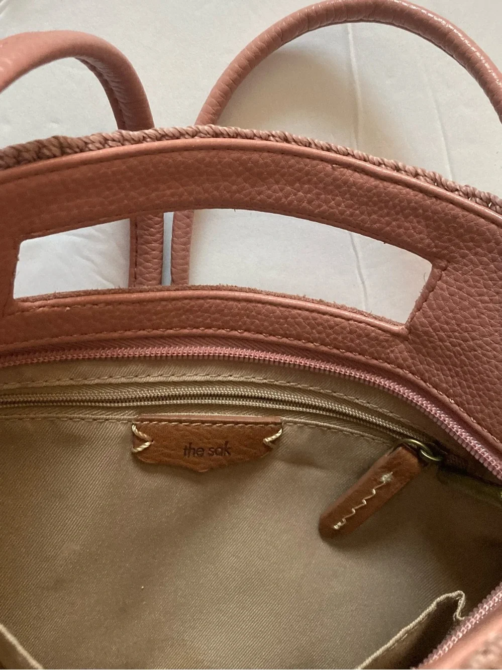 The Sak coral lite pink Leather Cutout-Handle Crossbody Clutch Hand Stitched
